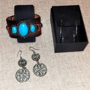 Adorable silver and turquoise earrings and bracelet.